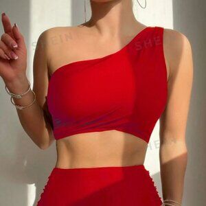 SHEIN red one shoulder swim top, size large